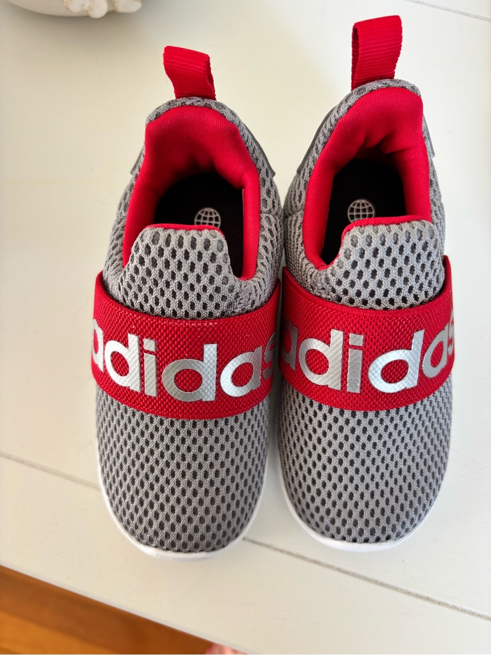adidas Kids Grey Mesh Slip-On Sneakers with Red Strap